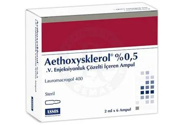 AETHOXYSKLEROL % 0.5 I.V. ENJEKSIYONLUK COZELTI ICEREN AMPUL ( 2 ML X 6 AMPUL ) kutusu, çözelti formunda polidokanol içerir. Üretici: ASSOS İLAÇ KİMYA GIDA ÜRÜNLERİ ÜRETİM VE TİC. A.Ş.