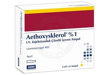 AETHOXYSKLEROL % 1 I.V. ENJEKSIYONLUK COZELTI ICEREN AMPUL ( 2 ML X 6 AMPUL ) kutu fotoğrafı. Polidokanol içeren çözelti. Üretici: ASSOS İLAÇ KİMYA GIDA ÜRÜNLERİ ÜRETİM VE TİC. A.Ş.
