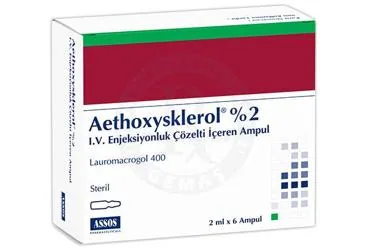 AETHOXYSKLEROL % 2 I.V. ENJEKSIYONLUK COZELTI ICEREN AMPUL ( 2 ML X 6 AMPUL ) kutu fotoğrafı, çözelti formunda polidokanol içerir. Üretici: ASSOS İLAÇ KİMYA GIDA ÜRÜNLERİ ÜRETİM VE TİC. A.Ş.