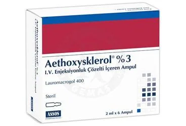 AETHOXYSKLEROL % 3 I.V. ENJEKSIYONLUK COZELTI ICEREN AMPUL ( 2 ML X 6 AMPUL ) (polidokanol) ambalajı, çözelti. Üretici: ASSOS İLAÇ KİMYA GIDA ÜRÜNLERİ ÜRETİM VE TİC. A.Ş.