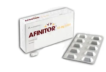 Everolimus içeren tablet: AFINITOR 10 MG 30 TABLET kutusu. Üretici: NOVARTİS SAĞLIK GIDA VE TARIM ÜRÜNLERİ SANAYİ VE TİCARET ANONİM ŞİRKETİ.