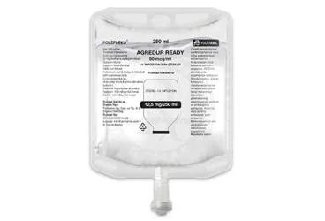 AGREDUR READY 50 MCG/ML I.V. INFUZYON ICIN COZELTI (250 ML) kutu fotoğrafı, çözelti formunda tirofiban hcl içerir. Üretici: POLİFARMA İLAÇ SAN. VE TİC. A.Ş.