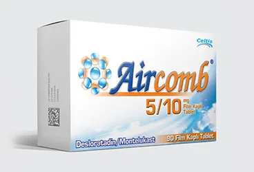 AIRCOMB 5/10 MG 90 FILM KAPLI TABLET (desloratin + montelukast) kutusu, film kaplı tablet. Üretici: CELTİS İLAÇ SANAYİ VE TİCARET ANONİM ŞİRKETİ.