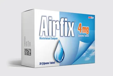 Montelukast sodyum içeren çiğneme tableti: AIRFIX 4 MG 28 ÇİĞNEME TABLETİ ambalajı. Üretici: NEUTEC İLAÇ SANAYİ TİCARET ANONİM ŞİRKETİ.