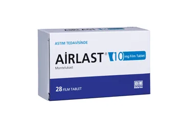 Montelukast sodyum içeren film kaplı tablet: AIRLAST 10 MG 28 FILM KAPLI TABLET ürün ambalajı. Üretici: BİOFARMA İLAÇ SANAYİ VE TİCARET A.Ş.