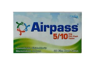 AIRPASS 5/10 MG 30 FILM KAPLI TABLET (levosetirizin + montelukast) kutu fotoğrafı, film kaplı tablet. Üretici: CELTİS İLAÇ SANAYİ VE TİCARET ANONİM ŞİRKETİ.