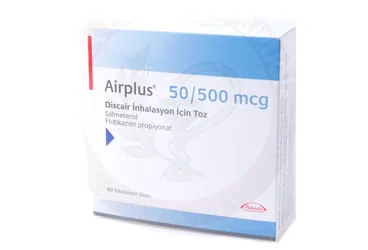 Salmeterol + flutikazon içeren inhalasyon aerosolü: AIRPLUS 50/500 MCG DISCAIR INHALASYON ICIN TOZ 60 DOZ kutu fotoğrafı. Üretici: ACİNO TURKEY İLAÇ ANONİM ŞİRKETİ.