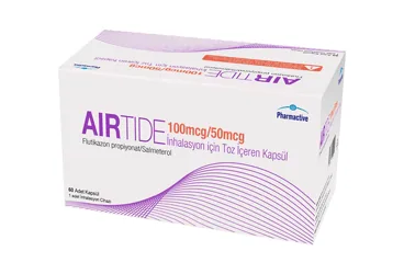 Salmeterol + flutikazon içeren inhalasyon aerosolü: AIRTIDE 100 MCG/50 MCG INHALASYON ICIN TOZ ICEREN KAPSUL ambalajı. Üretici: HUMANİS SAĞLIK ANONİM ŞİRKETİ.
