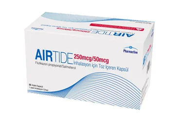 AIRTIDE 250 MCG/50 MCG INHALASYON ICIN TOZ ICEREN KAPSUL (salmeterol + flutikazon) ambalajı, inhalasyon aerosolü. Üretici: HUMANİS SAĞLIK ANONİM ŞİRKETİ.