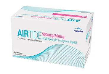 AIRTIDE 500 MCG/50 MCG INHALASYON ICIN TOZ ICEREN KAPSUL (salmeterol + flutikazon) ambalajı, inhalasyon aerosolü. Üretici: HUMANİS SAĞLIK ANONİM ŞİRKETİ.
