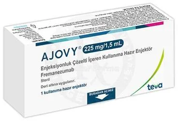 Fremanezumab içeren çözelti: AJOVY 225 MG/1,5 ML ENJEKSIYONLUK COZELTI ICEREN KULLANIMA HAZIR ENJEKTOR (1 ENJEKTOR) kutusu. Üretici: TEVA İLAÇLARI SANAYİ VE TİCARET A.Ş.