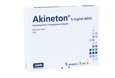 AKINETON 5 MG/ML ENJEKSİYON İÇİN SOLÜSYON İÇEREN 1 ML X 5 AMPUL ürün ambalajı, ampul formunda biperiden içerir. Üretici: ASSOS İLAÇ KİMYA GIDA ÜRÜNLERİ ÜRETİM VE TİC. A.Ş.