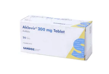 AKLOVIR 200 MG 25 TABLET ürün ambalajı, tablet formunda asiklovir içerir. Üretici: SANDOZ İLAÇ SANAYİ VE TİCARET A.Ş.