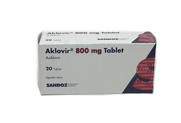 AKLOVIR 800 MG 20 TABLET (asiklovir) ürün ambalajı, tablet. Üretici: SANDOZ İLAÇ SANAYİ VE TİCARET A.Ş.