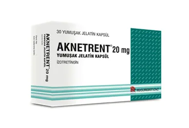 AKNETRENT 20 MG YUMUŞAK JELATİN 30 KAPSÜL ürün ambalajı. Isotretinoin içeren kapsül. Üretici: RECORDATİ İLAÇ SANAYİ VE TİCARET ANONİM ŞİRKETİ.