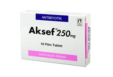 AKSEF 250 MG 10 FILM TABLET kutu fotoğrafı. Sefuroksim içeren film kaplı tablet. Üretici: NOBEL İLAÇ SAN. VE TİC. A.Ş.