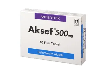 Sefuroksim içeren film kaplı tablet: AKSEF 500 MG 10 FİLM TABLET kutusu. Üretici: NOBEL İLAÇ SAN. VE TİC. A.Ş.