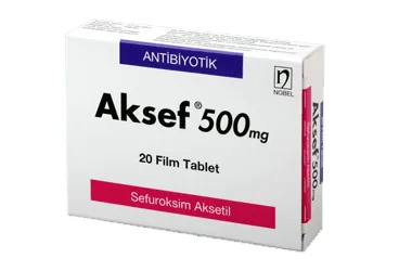 AKSEF 500 MG 20 FİLM TABLET ambalajı, film kaplı tablet formunda sefuroksim içerir. Üretici: NOBEL İLAÇ SAN. VE TİC. A.Ş.