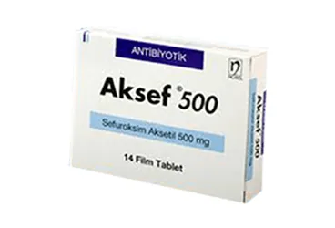 AKSEF 500 MG 14 FİLM TABLET ürün ambalajı, film kaplı tablet formunda sefuroksim içerir. Üretici: NOBEL İLAÇ SAN. VE TİC. A.Ş.
