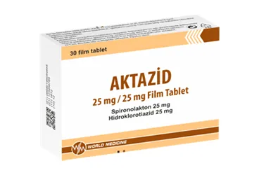 AKTAZID 25 MG/25 MG FILM KAPLI TABLET (30 TABLET) kutusu. Spironolakton + hidroklorotiazid içeren film kaplı tablet. Üretici: WORLD MEDICINE İLAÇ SAN. VE TİC. A.Ş.