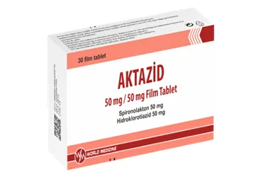 Spironolakton + hidroklorotiazid içeren film kaplı tablet: AKTAZID 50 MG/50 MG FILM KAPLI TABLET (30 TABLET) ambalajı. Üretici: WORLD MEDICINE İLAÇ SAN. VE TİC. A.Ş.