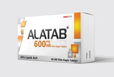 ALATAB 600 MG 30 FILM TABLET ambalajı, film kaplı tablet formunda tioctic acid içerir. Üretici: NEUTEC İLAÇ SANAYİ TİCARET ANONİM ŞİRKETİ.
