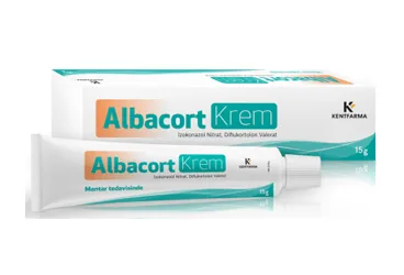 ALBACORT 15 G KREM (izokonazol nitrat + diflukortolon valerat) ürün ambalajı, krem. Üretici: KENTFARMA İLAÇ ANONİM ŞİRKETİ.