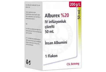 ALBUREX %20 IV INFUZYONLUK COZELTI, 50 ML ambalajı. Human albumin içeren çözelti. Üretici: CSL BEHRİNG BİYOTERAPİ İLAÇ DIŞ TİCARET ANONİM ŞİRKETİ.