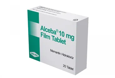 Memantin içeren tablet: ALCEBA 10 MG 100 TABLET kutu fotoğrafı. Üretici: HELBA İLAÇ İÇ VE DIŞ SANAYİ TİCARET ANONİM ŞİRKETİ.