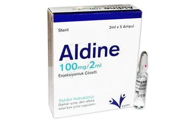 Petidin hcl içeren çözelti: ALDINE 100 MG/2 ML ENJEKSIYONLUK COZELTI (5 AMPUL) ürün ambalajı. Üretici: VEM İLAÇ SAN. VE TİC. ANONİM ŞİRKETİ.