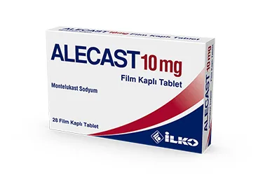 ALECAST 10 MG 28 FILM KAPLI TABLET ürün ambalajı, film kaplı tablet formunda montelukast sodyum içerir. Üretici: İLKO İLAÇ SAN. VE TİC. A.Ş.