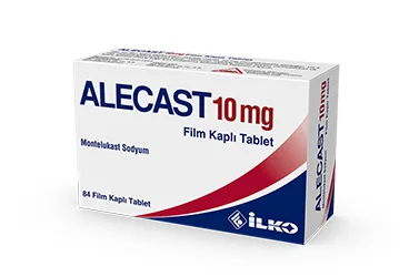 Montelukast sodyum içeren film kaplı tablet: ALECAST 10 MG 84 FILM KAPLI TABLET kutu fotoğrafı. Üretici: İLKO İLAÇ SAN. VE TİC. A.Ş.