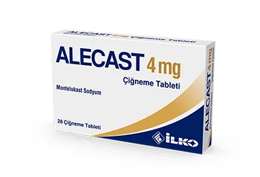 Montelukast sodyum içeren çiğneme tableti: ALECAST 4 MG 28 CIGNEME TABLET ambalajı. Üretici: İLKO İLAÇ SAN. VE TİC. A.Ş.