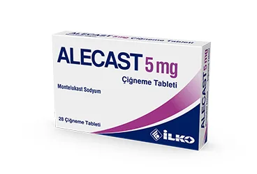 Montelukast sodyum içeren çiğneme tableti: ALECAST 5 MG 28 CIGNEME TABLET ambalajı. Üretici: İLKO İLAÇ SAN. VE TİC. A.Ş.