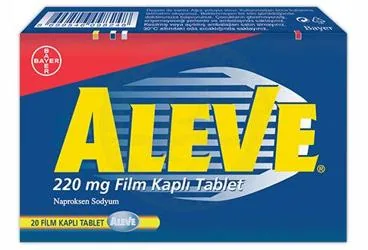 ALEVE 220 MG 20 FİLM TABLET kutu fotoğrafı, film kaplı tablet formunda naproksen sodyum içerir. Üretici: BAYER TÜRK KİMYA SAN. LTD. ŞTİ.