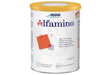 Tibbi amacli mama içeren ALFAMINO 400 G kutusu. Üretici: NESTLE TÜRKİYE GIDA SANAYİ ANONİM ŞİRKETİ.
