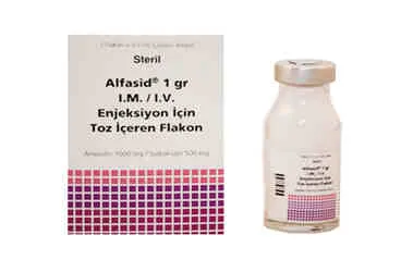 Ampisilin + sulbaktam içeren flakon: ALFASID IM/IV 1 GR 1 FLAKON ürün ambalajı. Üretici: YAVUZ İLAÇ ECZA DEPOSU MEDİKAL ÜRÜNLER SANAYİ VE TİCARET A.Ş.