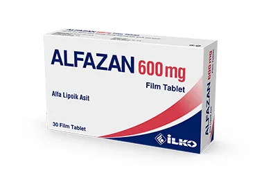 ALFAZAN 600 MG 30 FILM TABLET kutusu. Tioctic acid içeren film kaplı tablet. Üretici: İLKO İLAÇ SAN. VE TİC. A.Ş.