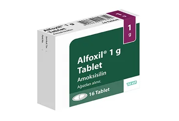 ALFOXIL 1 GR 15 TABLET ambalajı. Amoksisilin içeren tablet. Üretici: TEVA İLAÇLARI SANAYİ VE TİCARET A.Ş.