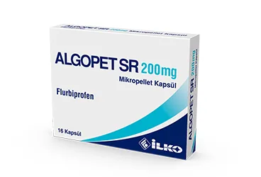 Flurbiprofen içeren kapsül: ALGOPET SR 200 MG MIKROPELLET 16 KAPSUL ürün ambalajı. Üretici: İLKO İLAÇ SAN. VE TİC. A.Ş.