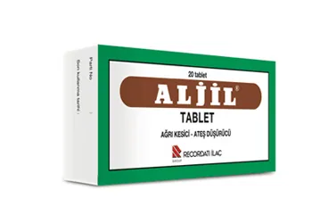 ALJIL 150 MG/300 MG/50 MG TABLET (20 TABLET) ambalajı. Parasetamol + kafein içeren tablet. Üretici: RECORDATİ İLAÇ SANAYİ VE TİCARET ANONİM ŞİRKETİ.