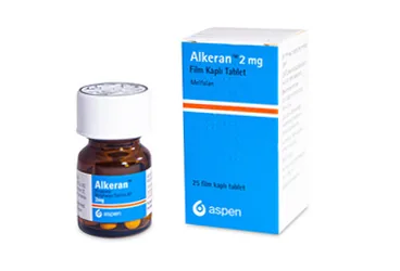 ALKERAN 2 MG FILM KAPLI TABLET ambalajı, film kaplı tablet formunda melfalan içerir. Üretici: VLD DANIŞMANLIK TIBBİ ÜRÜNLER VE TANITIM HİZMETLERİ A. Ş.