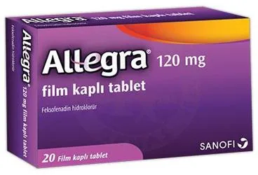 ALLEGRA 120 MG FILM KAPLI TABLET (20 TABLET) ürün ambalajı. Feksofenadin hidroklorid içeren film kaplı tablet. Üretici: OPELLA HEALTHCARE TÜKETİCİ SAĞLIĞI ANONİM ŞİRKETİ.