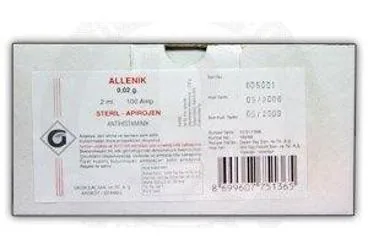 ALLENIK 20 MG 2 ML 100 AMPUL (difenhidramin) ürün ambalajı, ampul. Üretici: GALEN İLAÇ SAN.VE TİC.A.Ş.