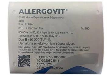 ALLERGOVIT 015 B IDAME ENJEKSIYONLUK SUSPANSIYON ürün ambalajı, süspansiyon formunda allerjen ekstratı içerir. Üretici: ALLERGO İLAÇ DIŞ TİCARET ANONİM ŞİRKETİ.