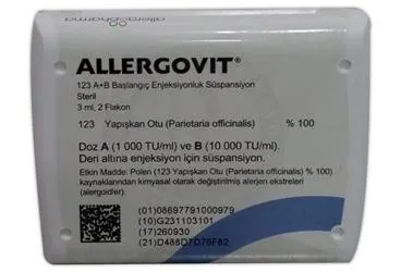 ALLERGOVIT 123 A + B BASLANGIC ENJEKSIYONLUK SUSPANSIYON ürün ambalajı. Allerjen ekstratı içeren süspansiyon. Üretici: ALLERGO İLAÇ DIŞ TİCARET ANONİM ŞİRKETİ.