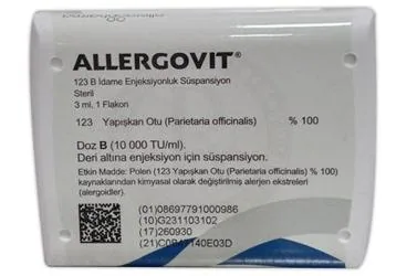 ALLERGOVIT 123 B IDAME ENJEKSIYONLUK SUSPANSIYON ambalajı. Allerjen ekstratı içeren süspansiyon. Üretici: ALLERGO İLAÇ DIŞ TİCARET ANONİM ŞİRKETİ.