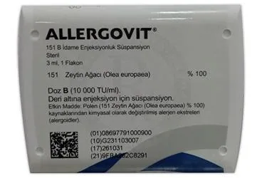 ALLERGOVIT 151 B IDAME ENJEKSIYONLUK SUSPANSIYON (1 ADET) kutusu. Allerjen ekstratı içeren süspansiyon. Üretici: ALLERGO İLAÇ DIŞ TİCARET ANONİM ŞİRKETİ.