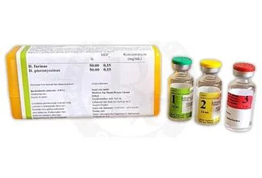 ALLERMUNE POLYMERIZED D. PTERONYSSINUS + D. FARINAE 0.15 HEPD/0.15 HEPD ENJEKSIYONLUK COZELTI (BASLANGIC) ambalajı. Allerjen ekstratı içeren çözelti. Üretici: MEDİMAX İLAÇ İTHALAT İHRACAT LİMİTED ŞİRKETİ.