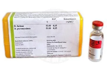ALLERMUNE POLYMERIZED D. PTERONYSSINUS + D. FARINAE 0.15 HEPD/0.15 HEPD ENJEKSIYONLUK COZELTI (DEVAM) kutu fotoğrafı, çözelti formunda allerjen ekstratı içerir. Üretici: SANAYİ TİCARET LİMİTED ŞİRKETİ.